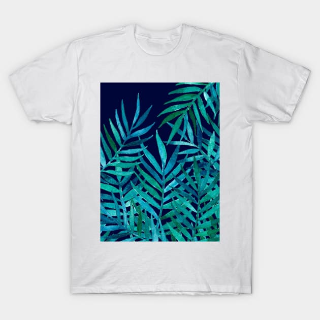 Watercolor Palm Leaves on Navy T-Shirt by micklyn